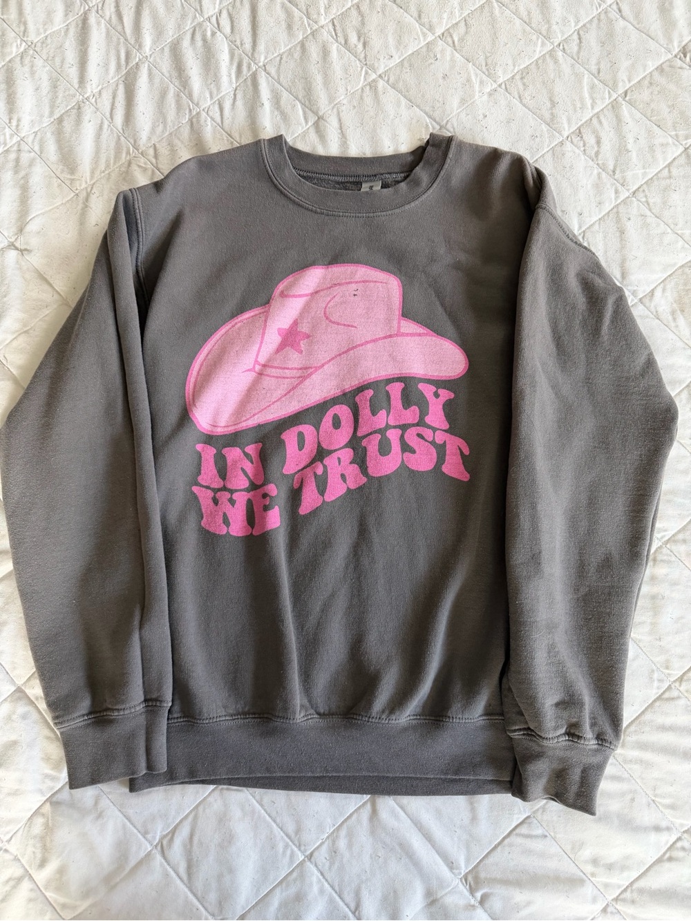 Gildan Gray Sweatshirt with Pink 'In Dolly We Trust' Graphic
